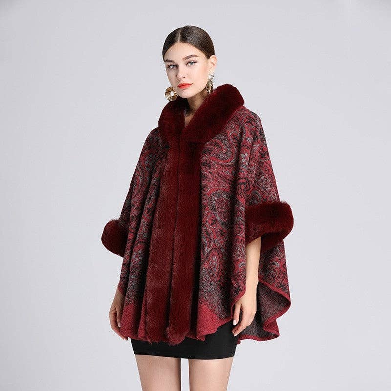 FurDecoration - Wholesale Poncho - Women's - Jacquard Hooded Shawl Poncho With Faux Otter Hair Collar1