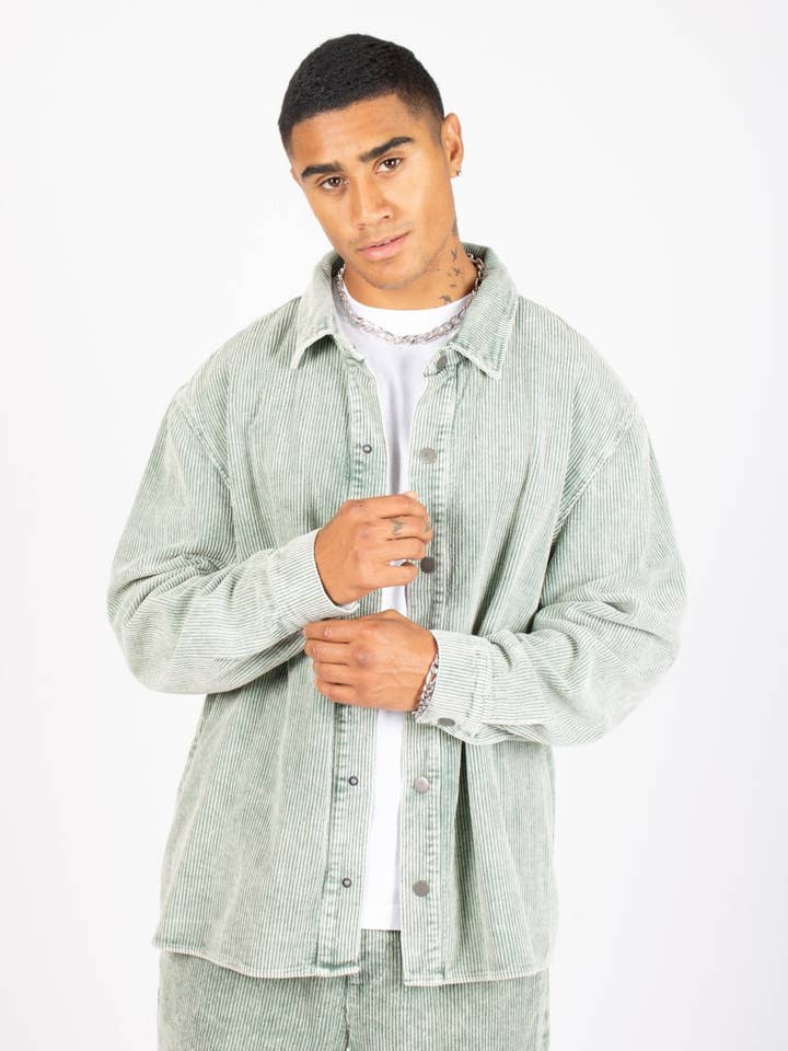 Washed Acid Green Corduroy Relaxed Shirt for wholesale by LIQUOR N POKER