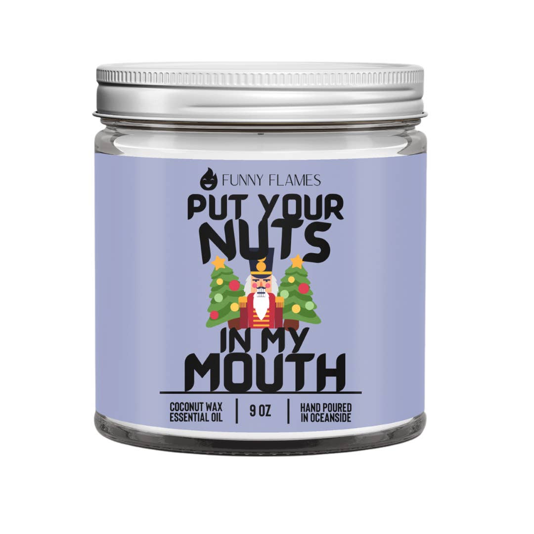 Funny Flames Candle Co - Les Creme – wholesale Jar/filled candle – Put Your Nuts In My Mouth- Funny Holiday Candle for Him 9oz
