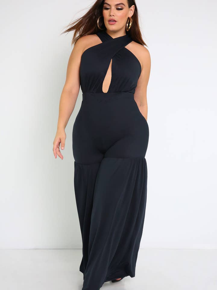 Black Memories Crossover Ruffled Jumpsuit for wholesale on Faire1