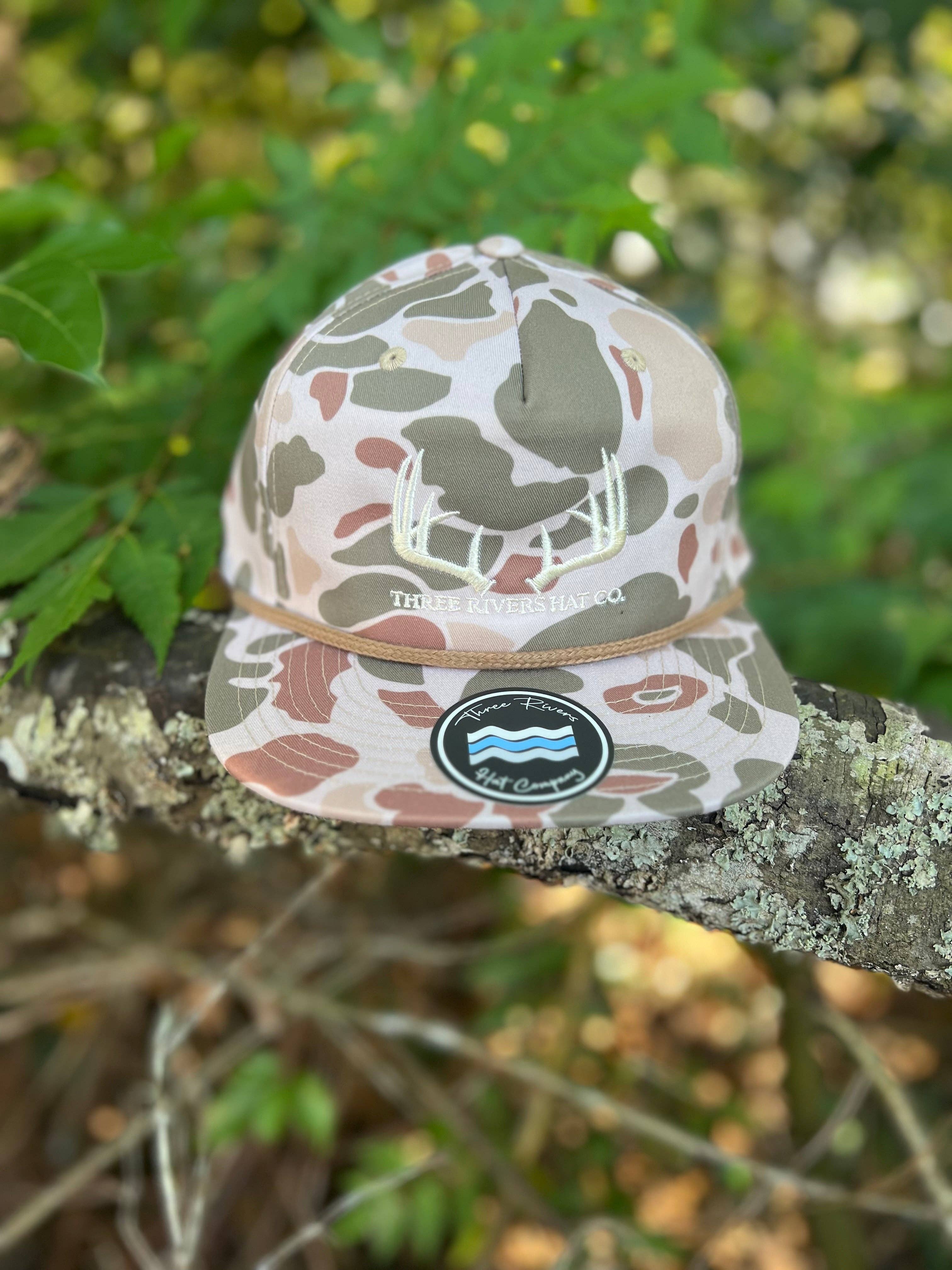 Three Rivers Hat Co. - Wholesale Flat Brim Cap - Unisex - Classic Whitetail Rack - Rope Snapback - Richardson 256p7