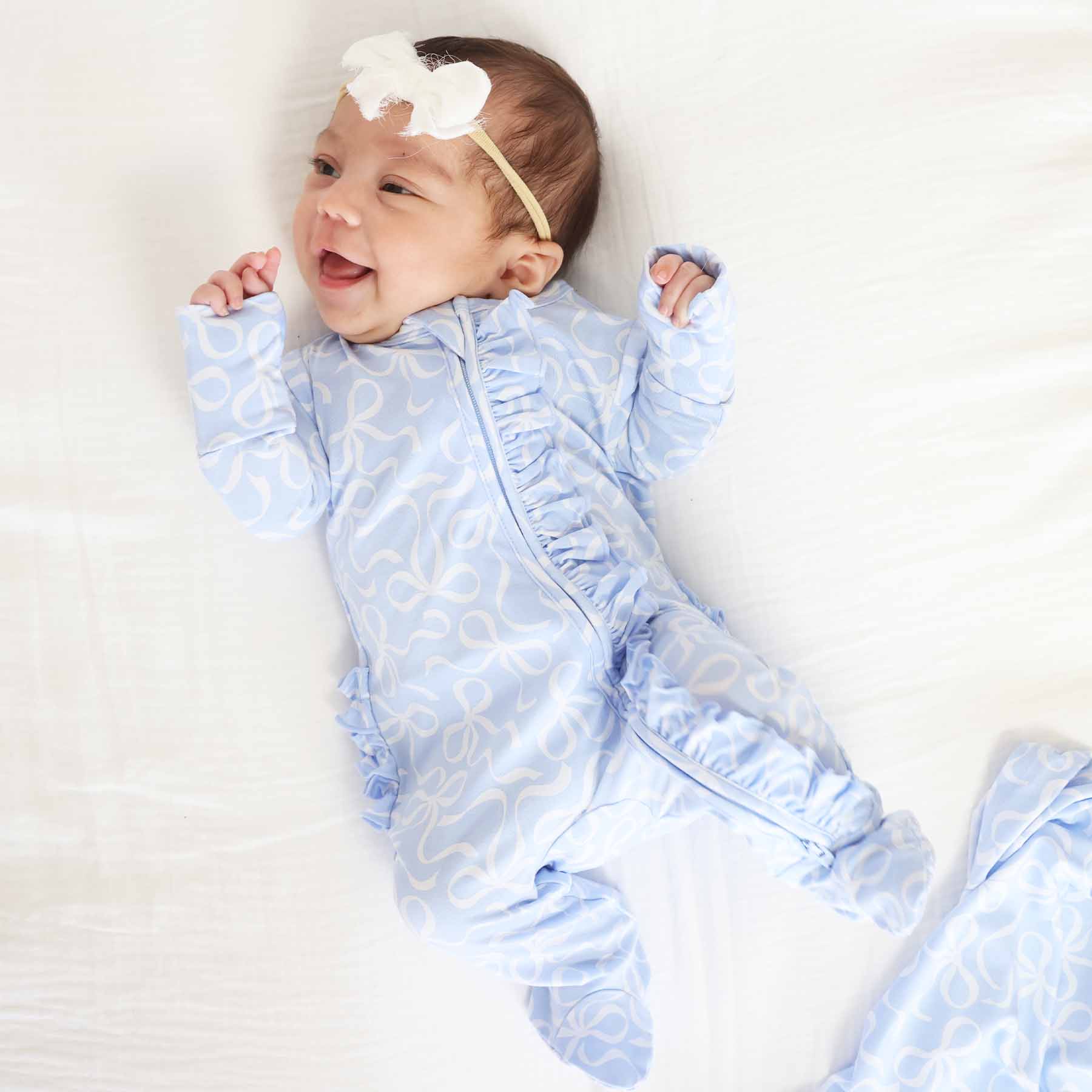Caden Lane - Wholesale Jumpsuit - Baby - Blue-tiful Bows Ruffle Zipper Footie7