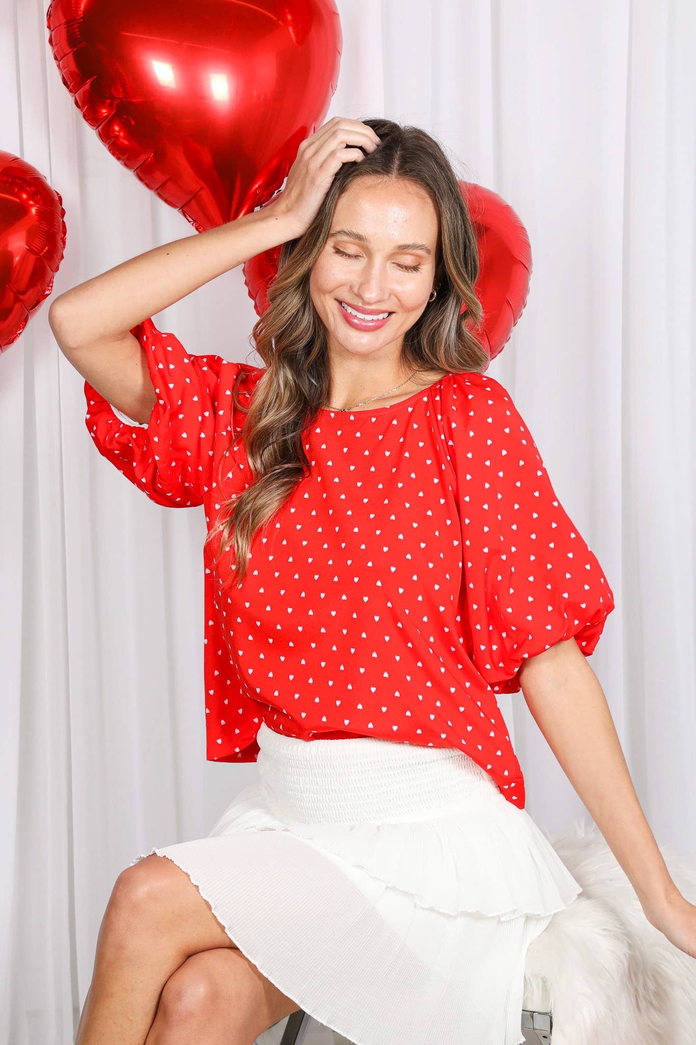 Rood Boothals Pofmouw Hartjesprint Blouse Top VT82337H voor groothandel op Faire8