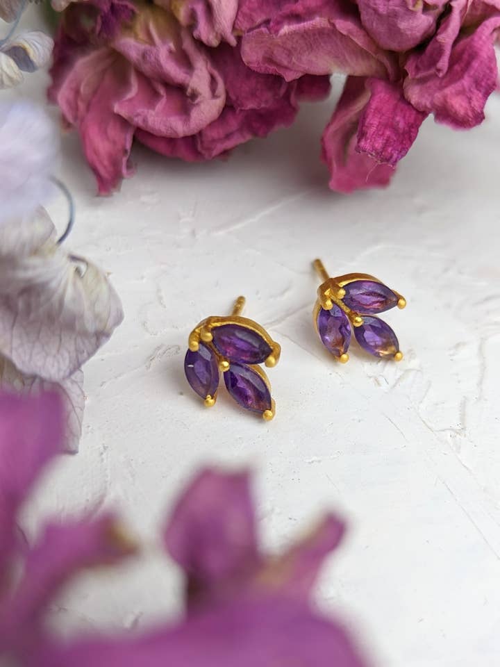 Tri Leaf Stud Earrings (Multiple Gemstone Options) for wholesale by Ash & Rose