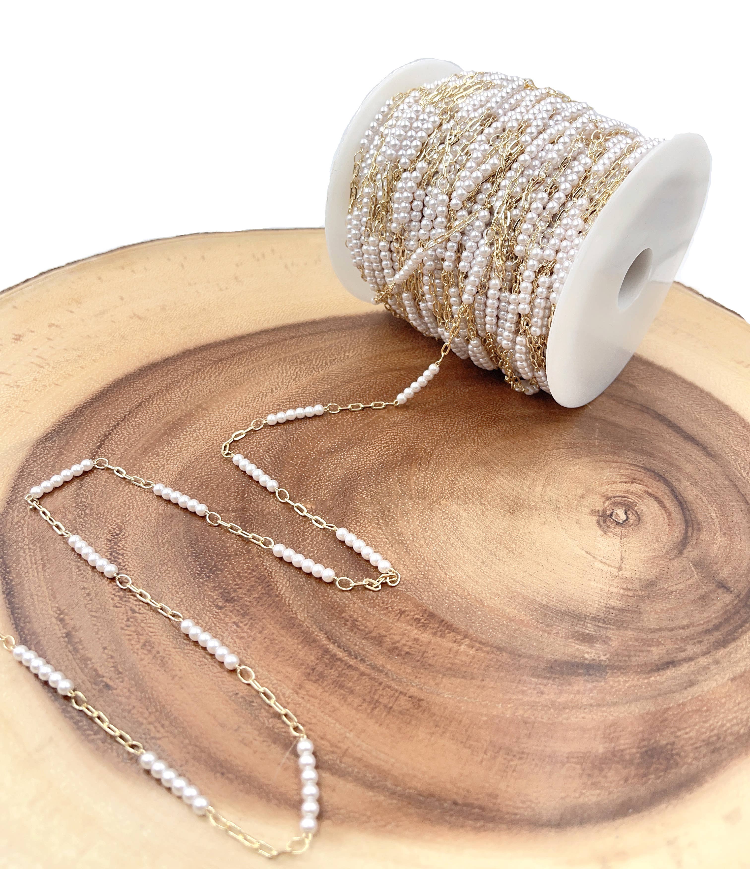 Beads Creation - Wholesale Beaded/Pearl Necklace - Gold MOP Pearl Paper Clip Link Pearl Chain by Foot, CH3051