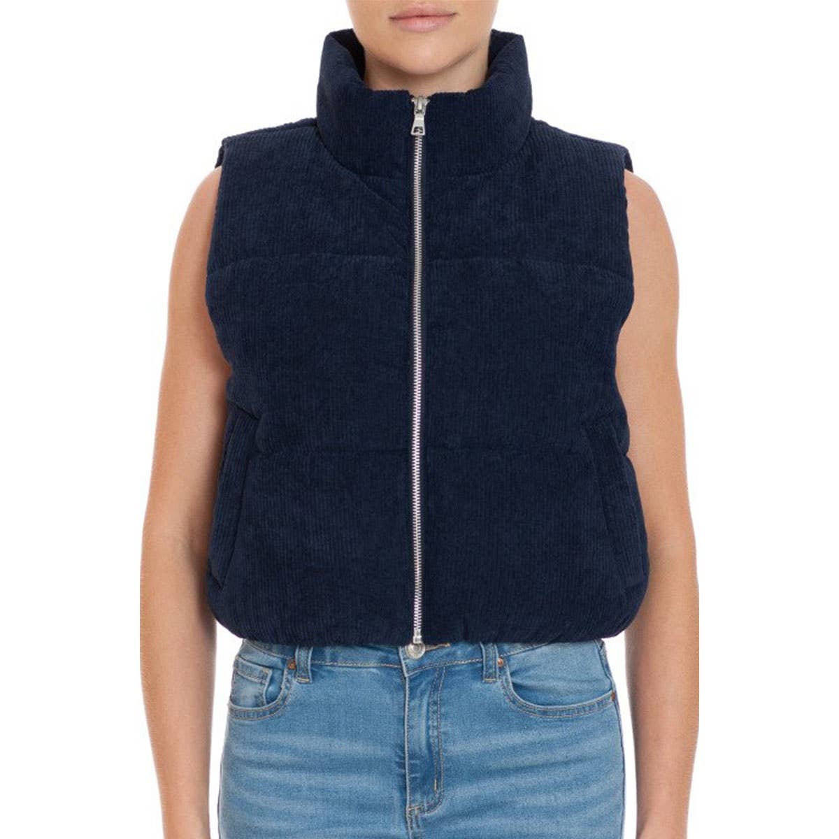 UP CLOTHING - Vente Veste sans manches – femme - GILET D'EXTÉRIEUR ZIPPÉ À COL HAUT EN VELOURS CÔTELÉ3