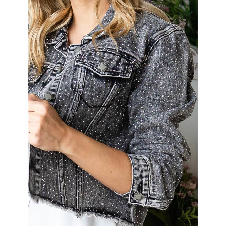 Black Sprinkle Rhinestones Crop Denim Jacket for wholesale on Faire