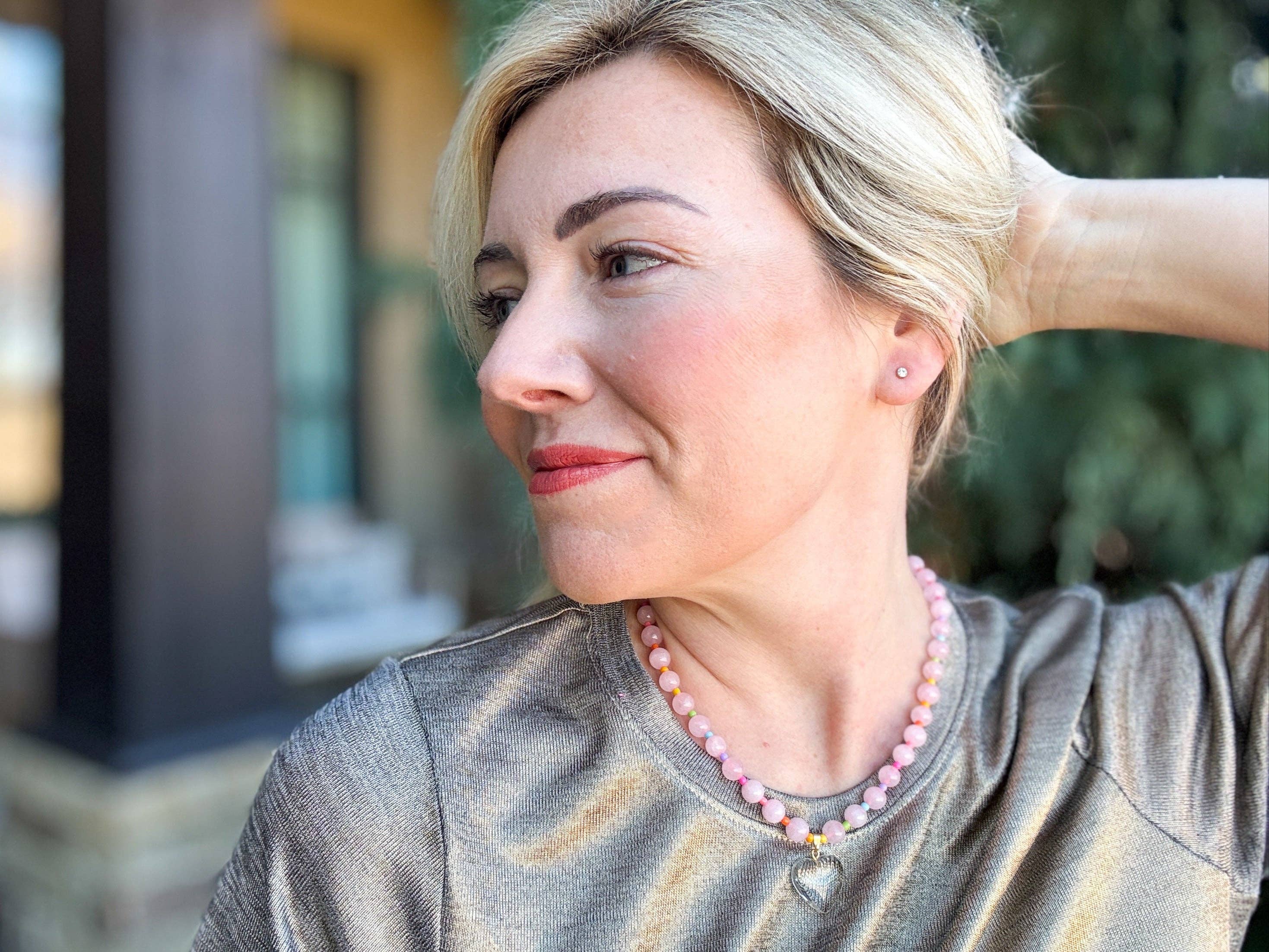 Taylor Elliott Designs - Wholesale Pendant/Charm Necklace - Beaded Necklace - Pink + Multi-Color w/Dangle Heart - Lottie3