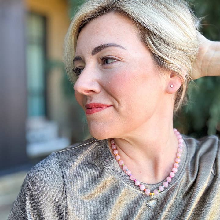 Taylor Elliott Designs - Wholesale Pendant/Charm Necklace - Beaded Necklace - Pink + Multi-Color w/Dangle Heart - Lottie3