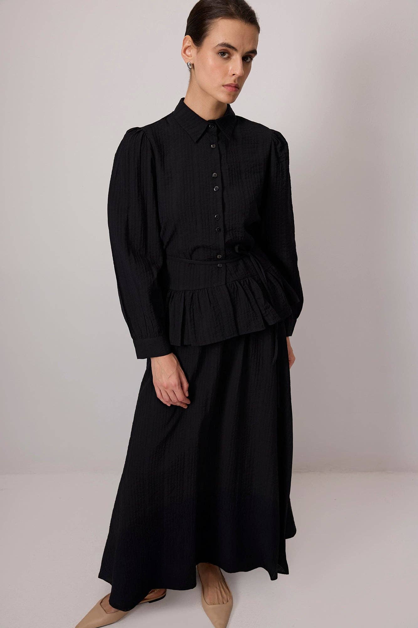 Black FLOUNCED SHIRT AND SKIRT SET for wholesale on Faire1