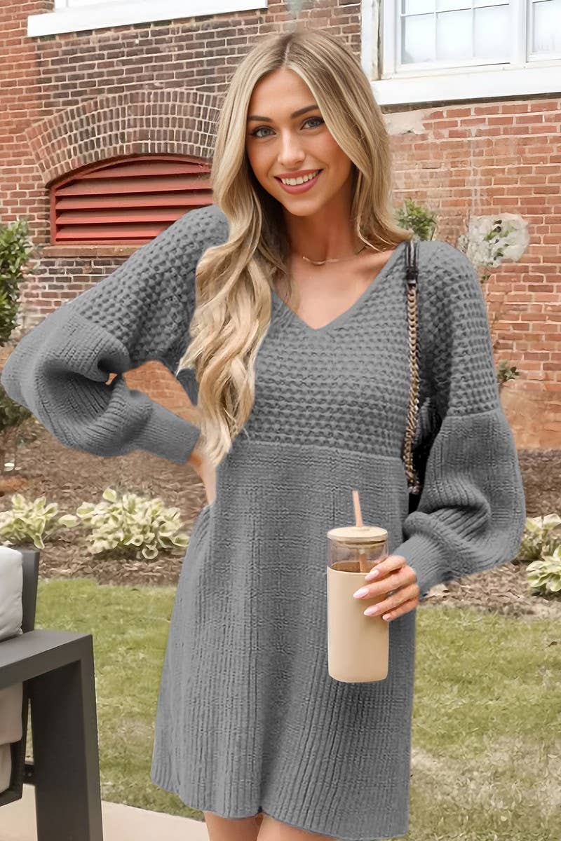 NINEXIS - Vente Robe – femme - ROBE PULL TRICOTÉE À MANCHES BOUFFANTES ET COL EN V CWDSD1095112