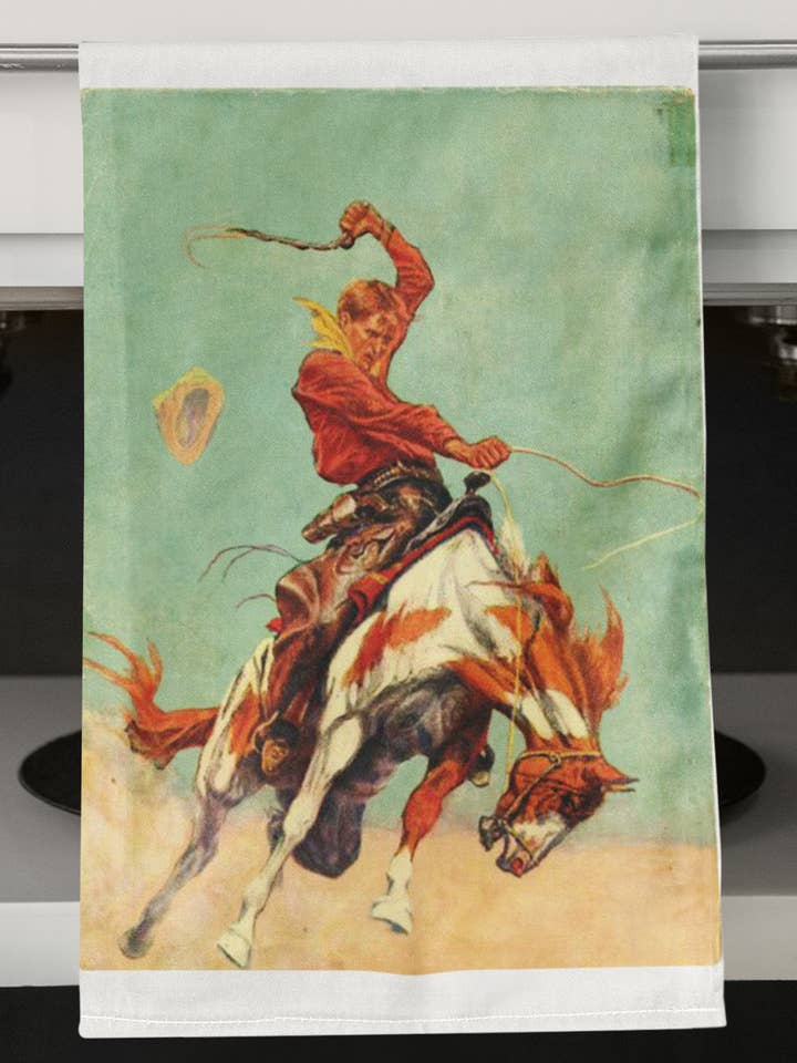 Bronco Buster Organic Retro Kitchen Towel for wholesale by Acme. Baby Co. LLC