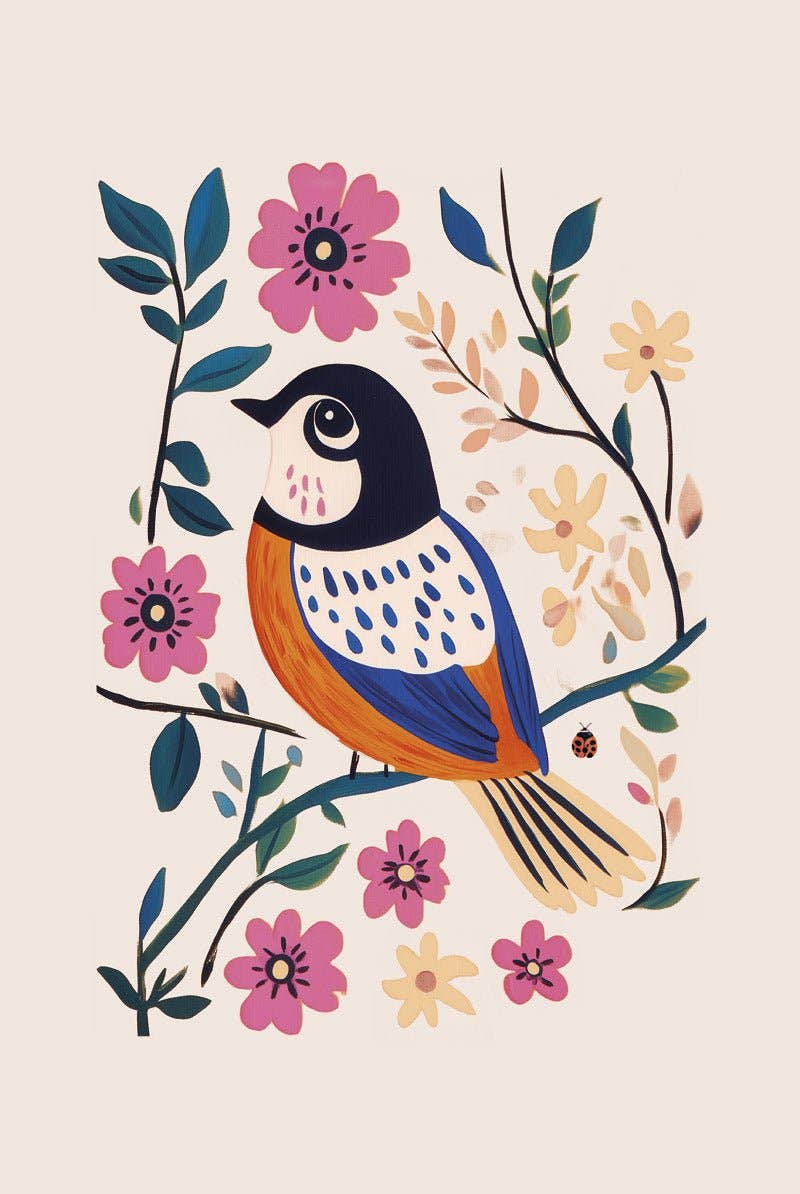MokaMouse - Wholesale Art Print - Chickadee with Pink Flowers - Folk Art Poster3