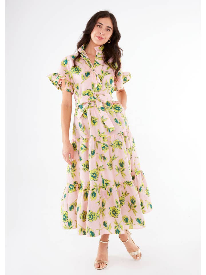 Sadie Maxi Dress Pink Tropical Tulip Jacquard for wholesale on Faire