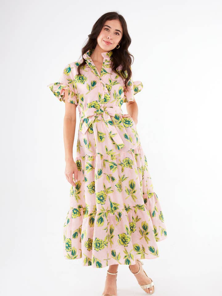 Sadie Maxi Dress Pink Tropical Tulip Jacquard for wholesale by Abbey Glass
