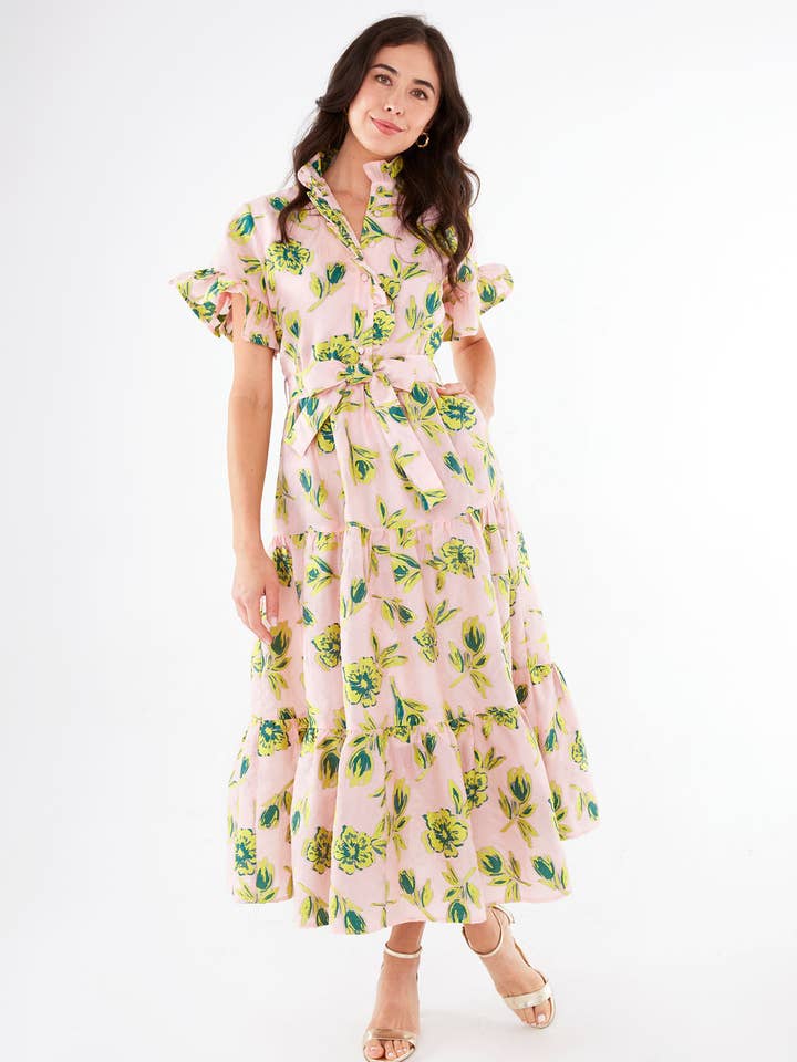Sadie Maxi Dress Pink Tropical Tulip Jacquard for wholesale by Abbey Glass