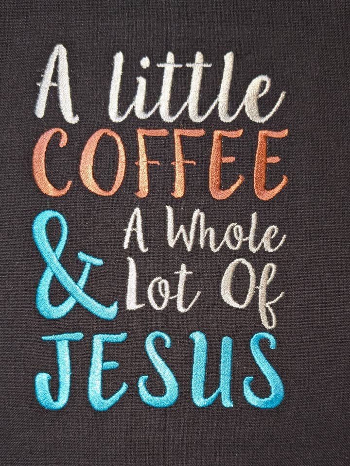 Coffee and Jesus Embroidered Tea Towel for wholesale by Red Mitten