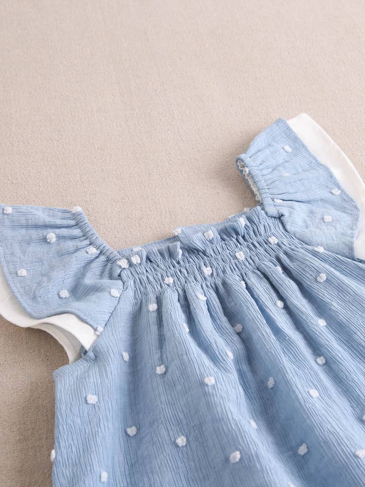 Dadati – wholesale Dress – Baby – Blue plumeti baby dress with white polka dots