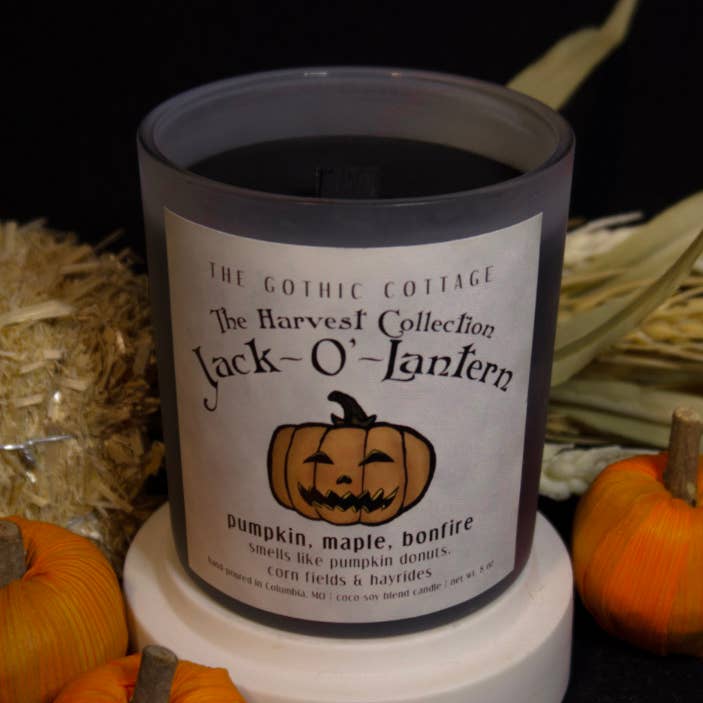 Pumpkin & Bonfire—8oz black candle | Jack-O'-Lantern for wholesale by The Gothic Cottage