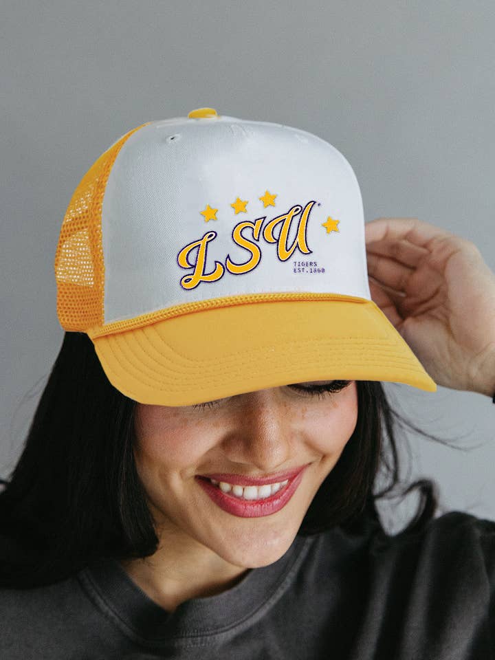 Louisiana State University: Go LSU Trucker Hat for wholesale by Girl Tribe Co