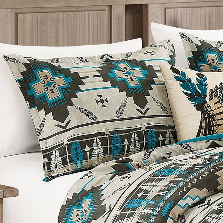 Linen Mart - Wholesale Bedding Set - Southwestern Tan Navajo Turquoise Feather Aztec Comforter - 6 Piece Set1
