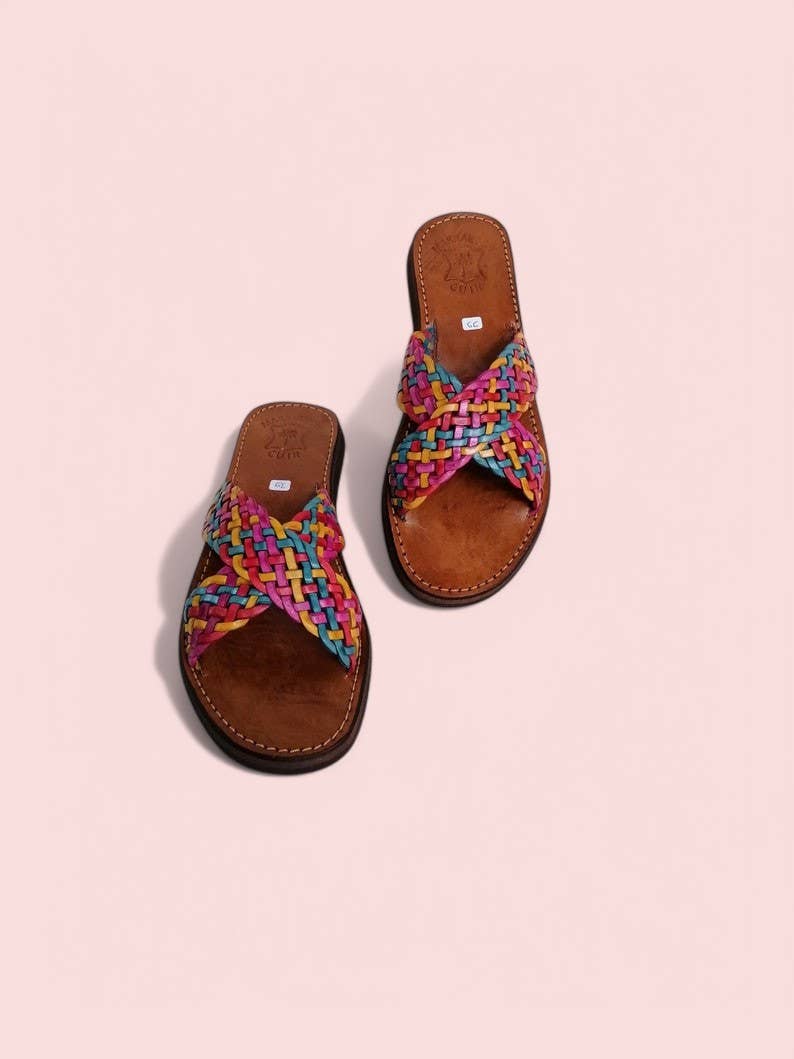 Melecraft - Vente Sandales – femme - Sandales en cuir tissées à la main – Brides tressées multicolores2