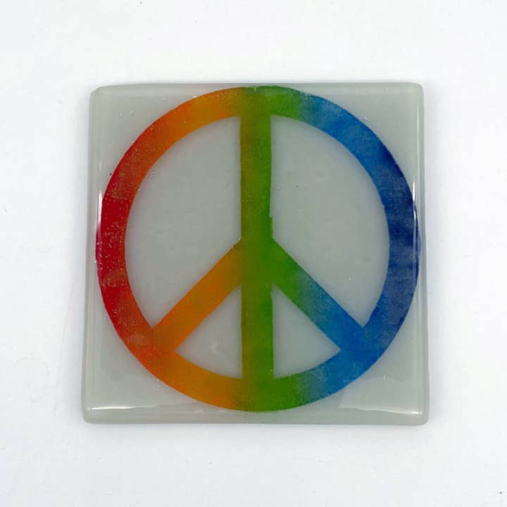 Rainbow Peace Symbol Fused Glass 4" Single Coaster for wholesale by Kiku Handmade | Contemporary Fused Glass Home Goods