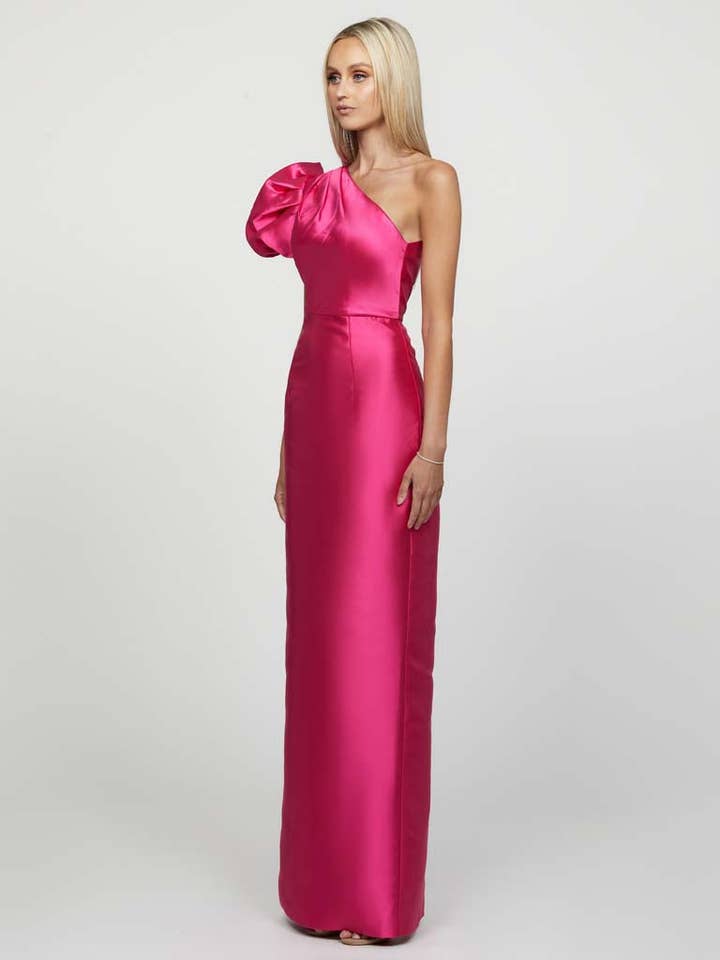 FUCHSIA MARCHESA ONE SHOULDER GOWN B65D18L for wholesale on Faire1