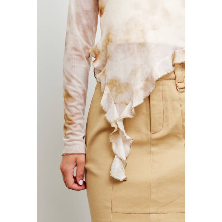 idem ditto - Wholesale Blouse - Women's - HIGH NECK TIE DYE MESH TOP WITH UNEVEN RUFFLED HEM