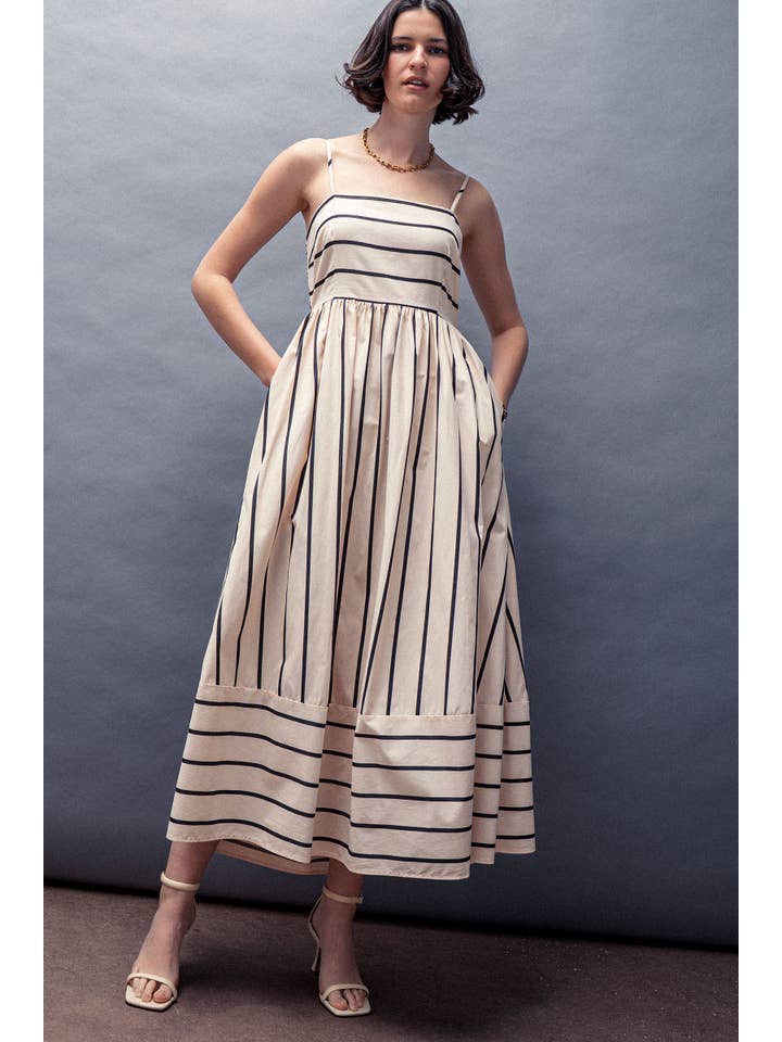 CREAM Nautical Stripe Square Neck Smocked Back Cotton Maxi Dress for wholesale on Faire