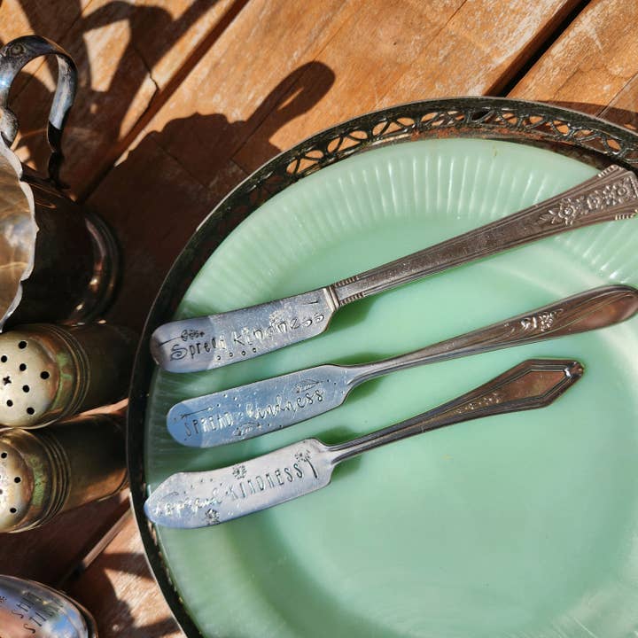 juNxtaposition® - Wholesale Cheese Spreader - SPREAD KINDNESS hand stamped cheese spreader1