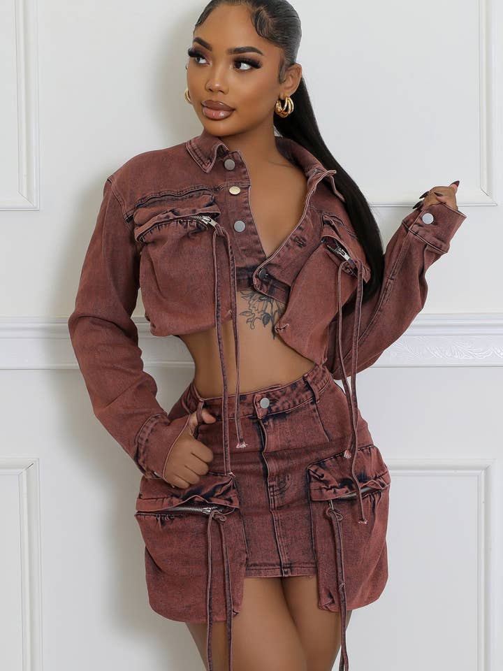 DENIM CROP JACKET AND CARGO SKIRTS SET for wholesale by 5besties inc