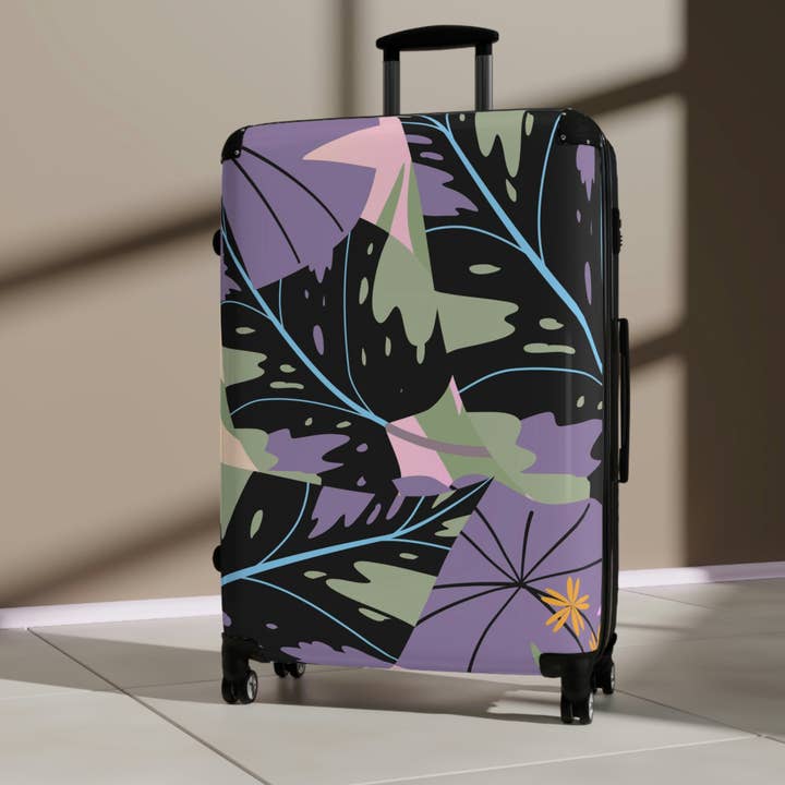 Black Lavender Jungle Collection Suitcase, Custom Designed Tropical Art Suitcase for wholesale on Faire