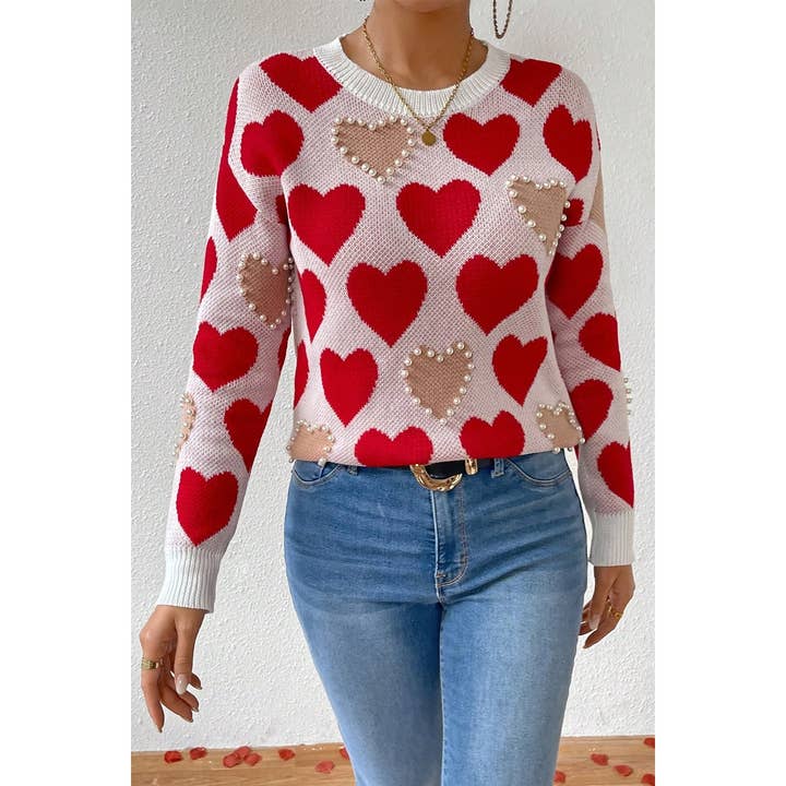 RED Round Neck Heart Shape Pearl Beads Knit Sweater for wholesale on Faire