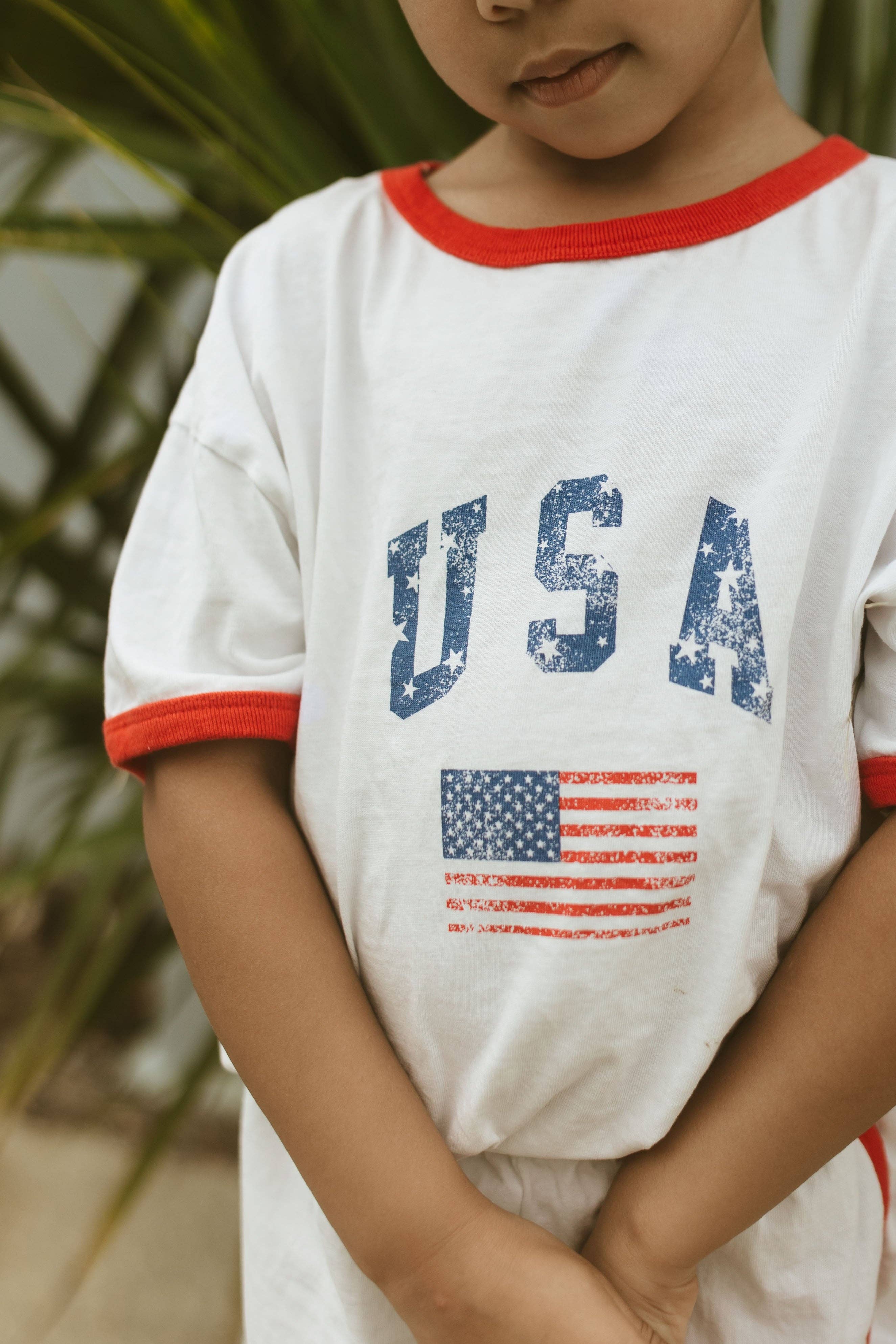 At Noon - Wholesale Top en short set - Kinderen - [At Noon Original Design] Kinderen Vintage Print USA Ringer T-shirt en Shorts Set (8m-7j) - 3 Kleuren9