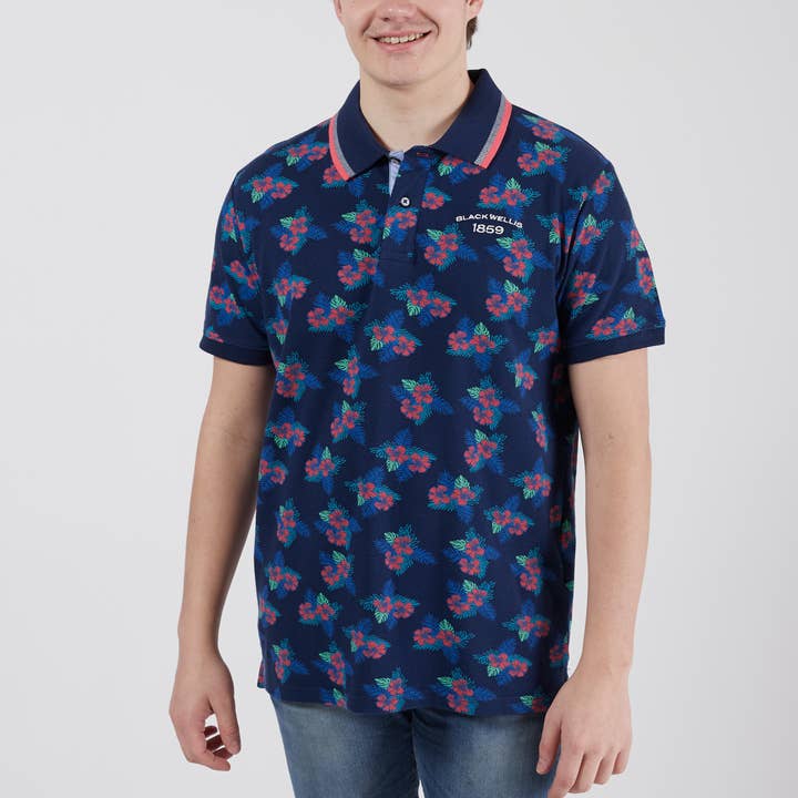 Polo de manga curta ALOHA BEACH HIBISCUS por atacado de Black Wellis