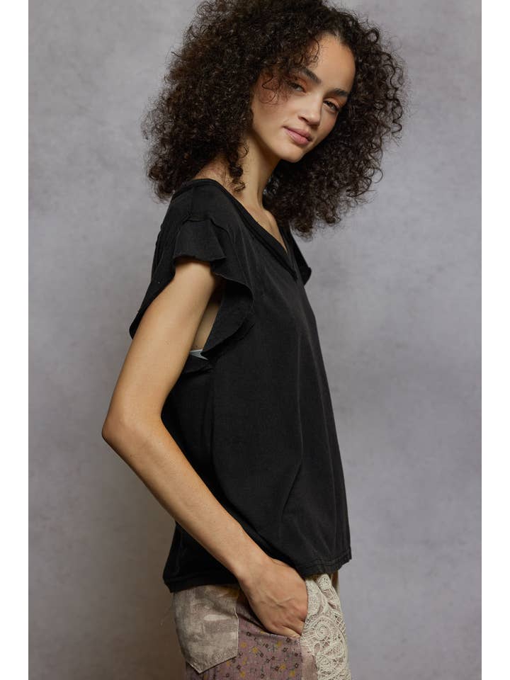 Pol Clothing - Wholesale T-Shirt - Women's - V-neck ruffle short sleeve solid basic cotton top38