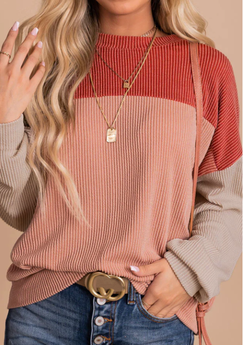 Lovesoft - Wholesale Knit Top - Women's - Khaki Block Long Sleeve Ribbed Loose Casual Top5