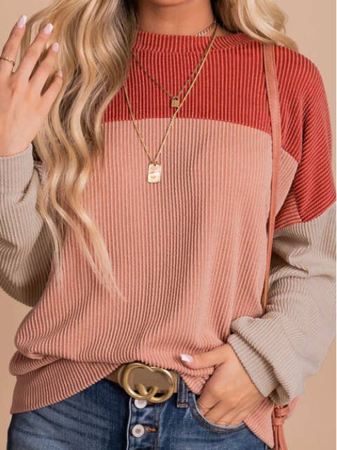 Lovesoft - Wholesale Knit Top - Women's - Khaki Block Long Sleeve Ribbed Loose Casual Top5