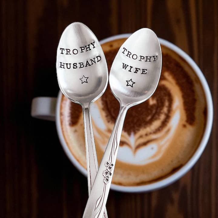 Trophy Husband or Wife Hand Stamped Vintage Teaspoon for wholesale by The Talking Teaspoon