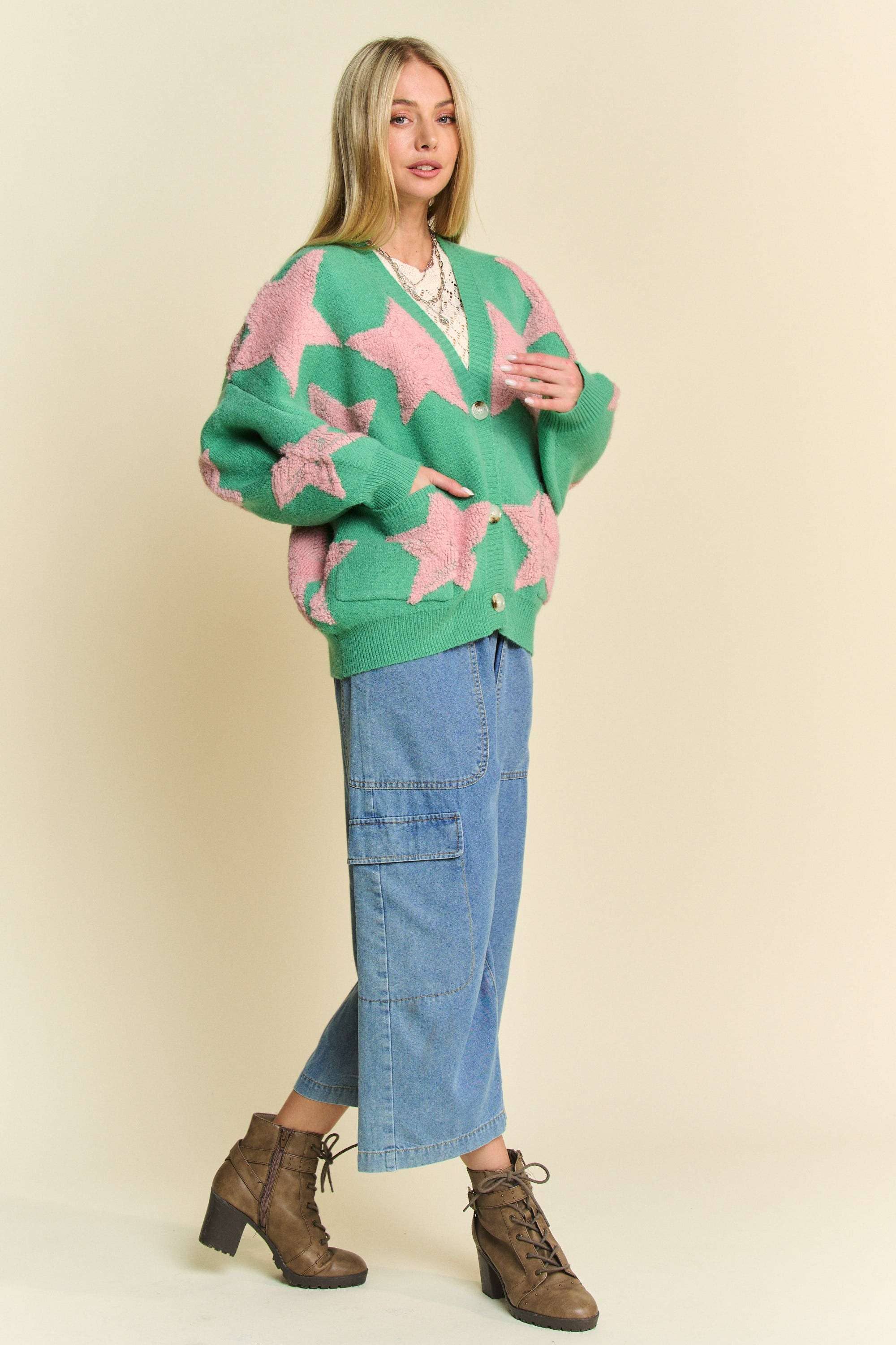Davi & Dani - Wholesale Cardigan - Women's - PLUS FUZZY STAR LOOSE FIT BUTTON DOWN CARDIGAN6