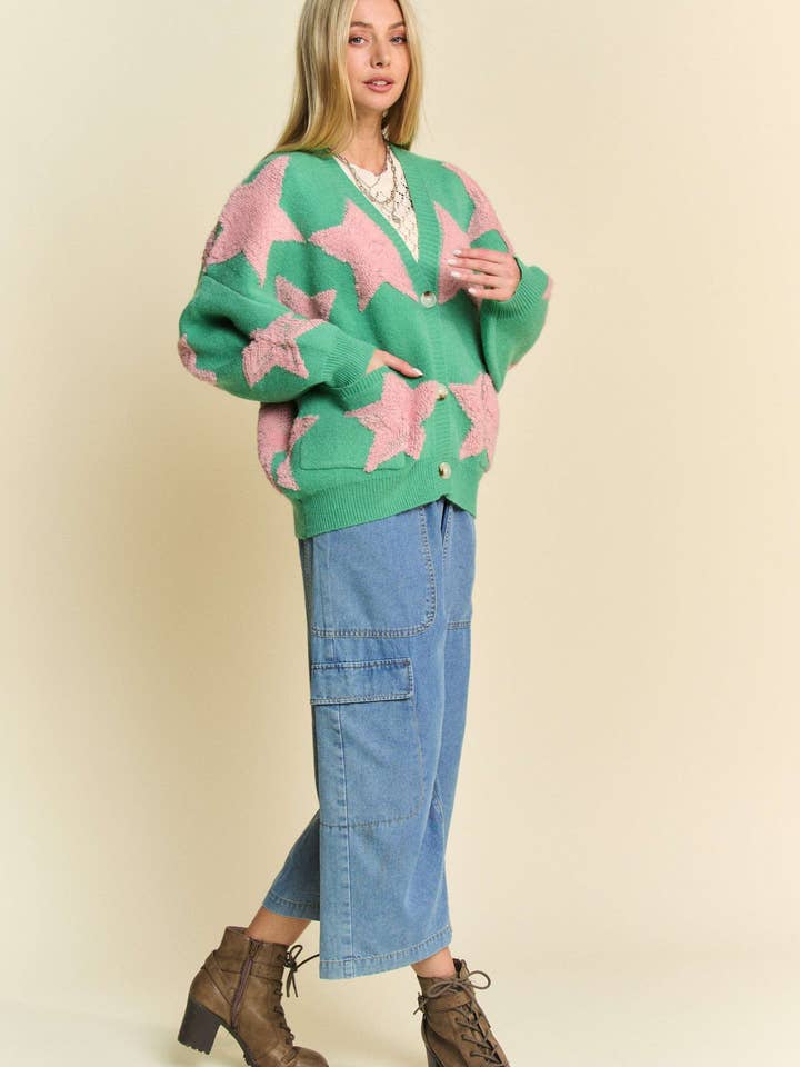 Davi & Dani - Wholesale Cardigan - Women's - PLUS FUZZY STAR LOOSE FIT BUTTON DOWN CARDIGAN6