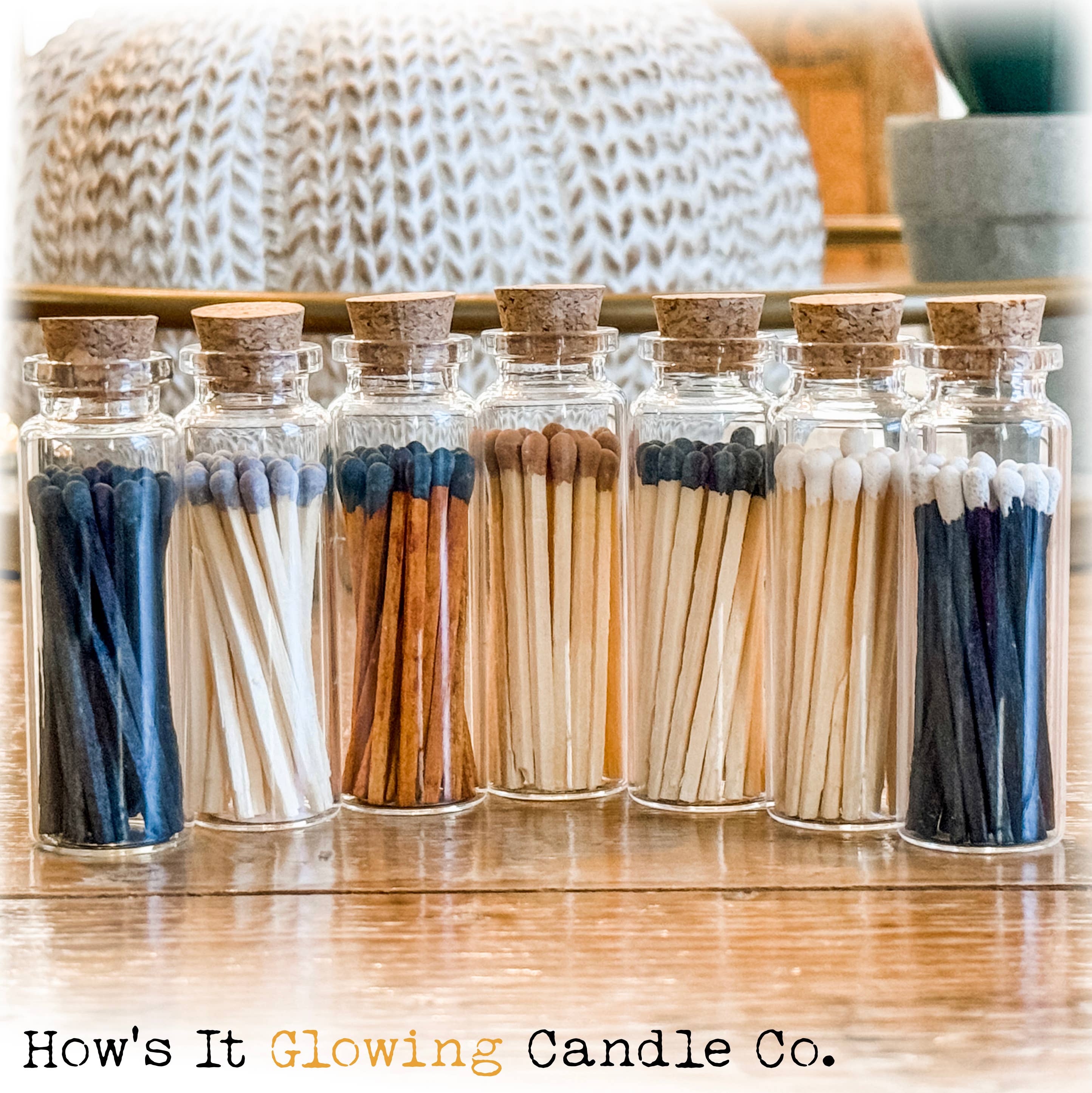 How's It Glowing Candle Co. - Wholesale Matches - Apothecary Vial Safety Matches & Striker | Glass w Cork Lid4