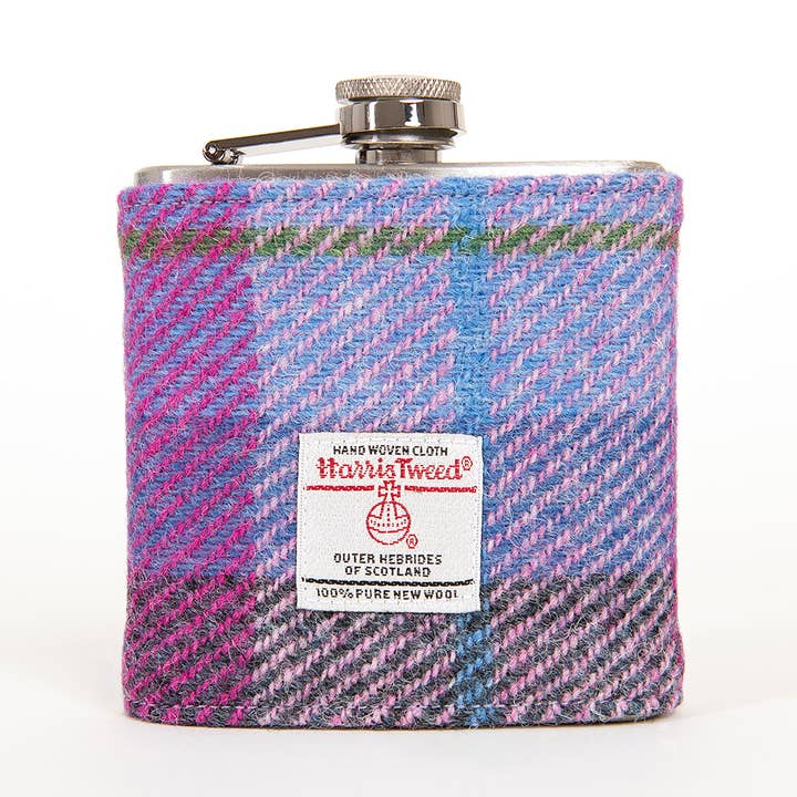 6oz Harris Tweed Hip Flask - Purple Tartan- HT23 for wholesale by Created By The Ridleys