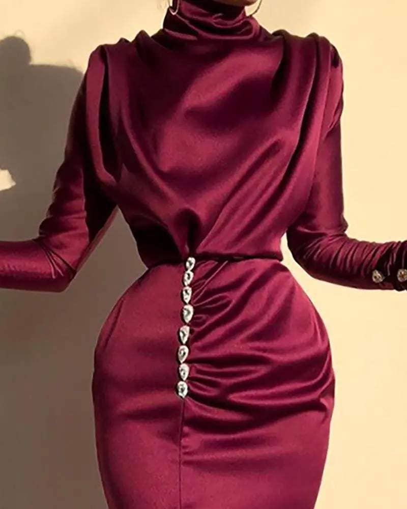 WINE RED high neck ruched thigh slit evening dress for wholesale on Faire2