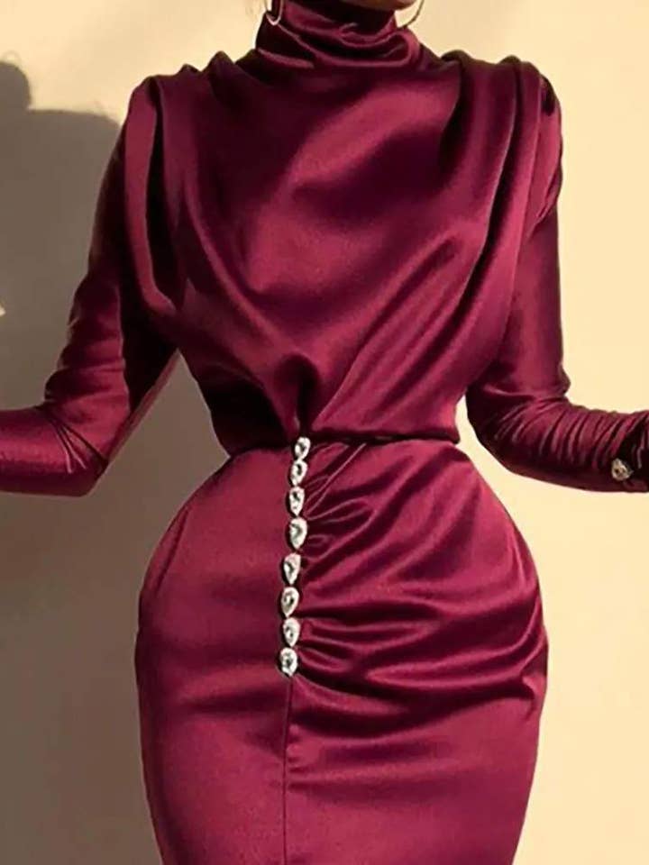 WINE RED high neck ruched thigh slit evening dress for wholesale on Faire2