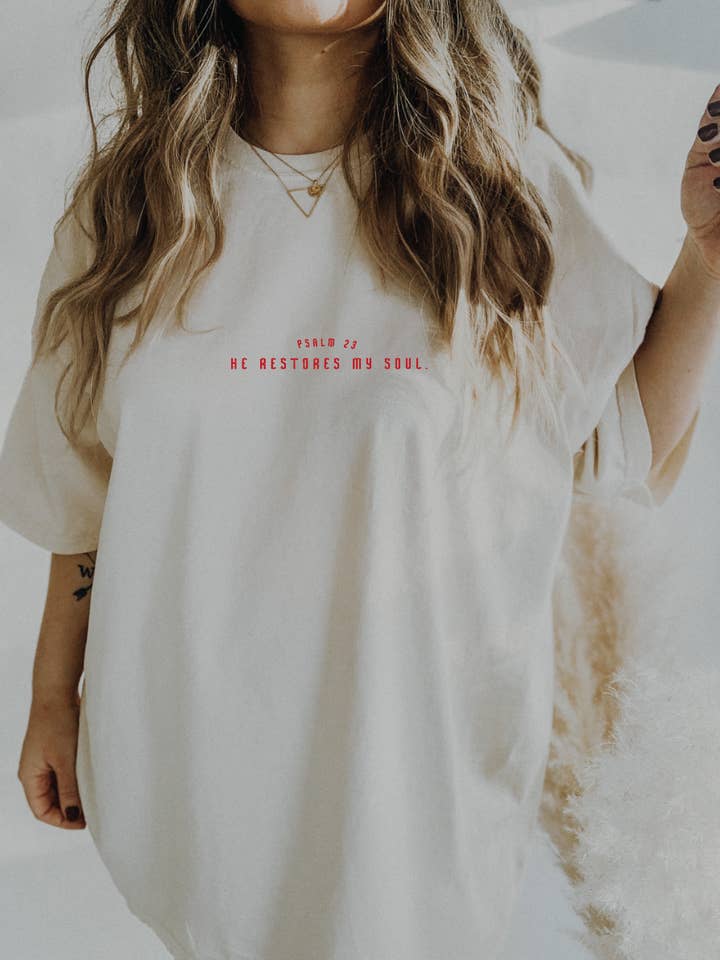 SBG Co. - Wholesale Screen Printed T-Shirt - Women's - He Restores My Soul Christian Graphic Tee