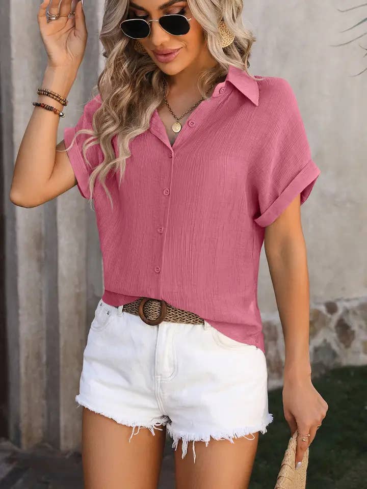Lovesoft - Wholesale Button Down Shirt - Women's - Solid Color Short-Sleeve Button-Up Shirt