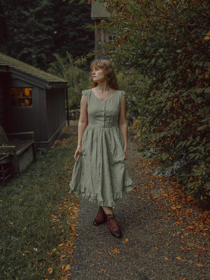 Lauretta Dress in Moss Linen-Layered Petticoat Ruffles for wholesale by Wilder Collective