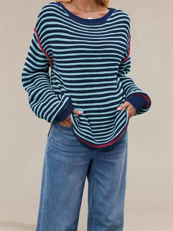 Lovesoft - Wholesale Knit Sweater - Women's - Striped Knit Pullover Sweater | Loose Fit Crewneck Top8